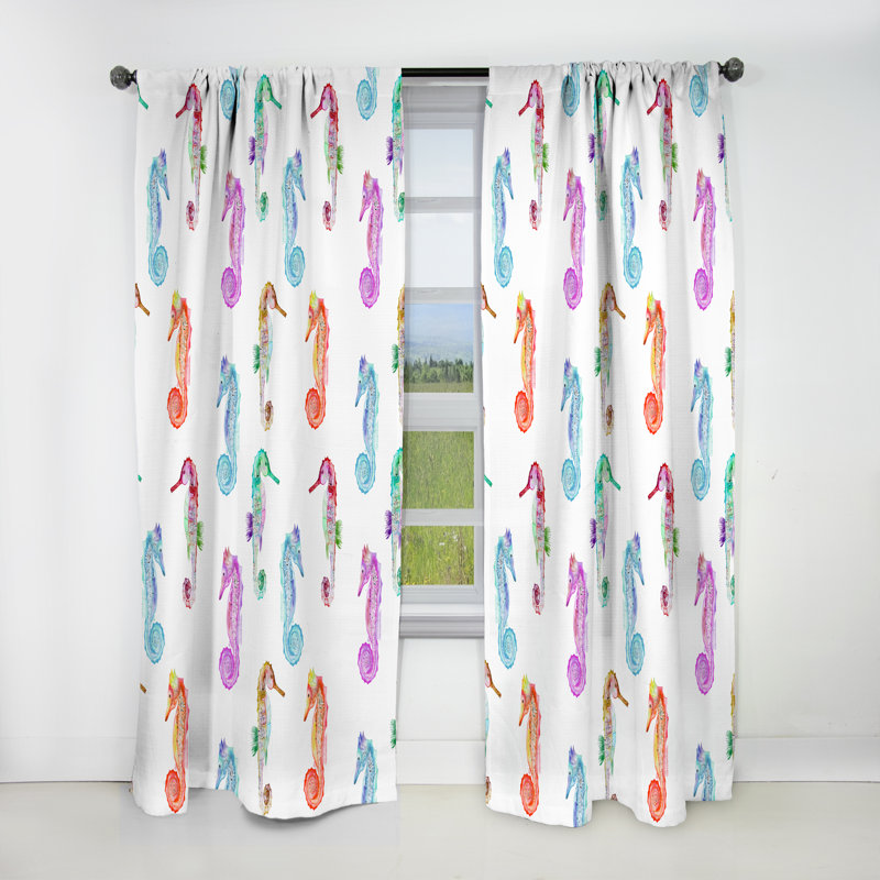 Pattern with Multicolored Seahorses - Animal Print Nautical & Coastal Blackout Curtain Single Panel, 52" W x 108" L