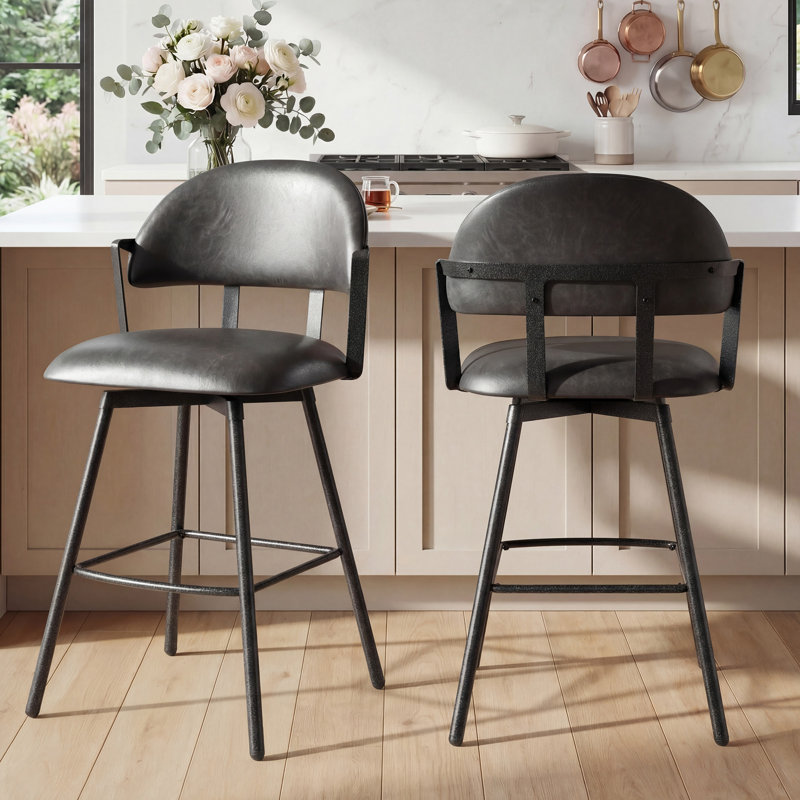Swivel Upholstered Counter Stool with Metal Frame (Set of 2), Black Gray, Set of 2