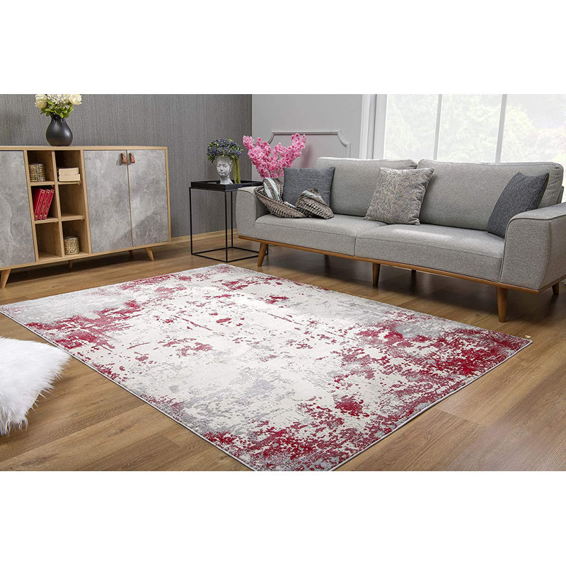 Tapis gris / beige / rouge fait à la main, Rectangle 3 pi x 5 pi