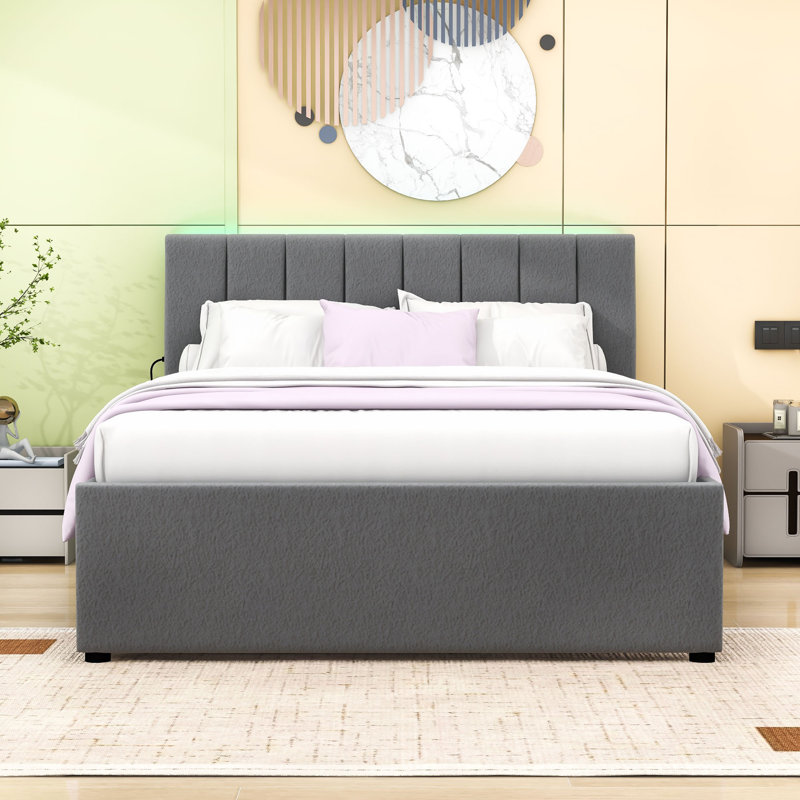 Lit plateforme double rembourré avec lit gigogne simple et lumières DEL Teddy, Gris