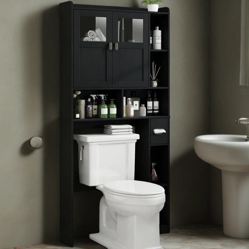 Over The Toilet Storage Cabinet With Tempered Glass Doors And Adjustable Shelves, Freestanding Bathroom Space Saver Organizer For Toiletries And Linens