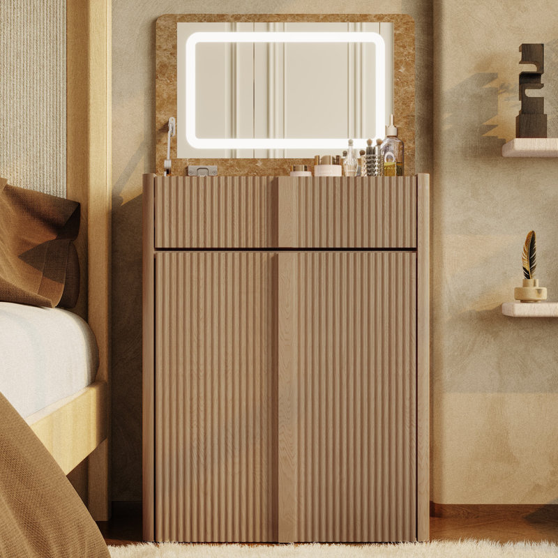 Ensemble de meuble-lavabo compact avec rangement et tabouret caché - petit meuble-lavabo 3-en-1, table de chevet, table de chevet avec miroir rabattable et lumières DEL