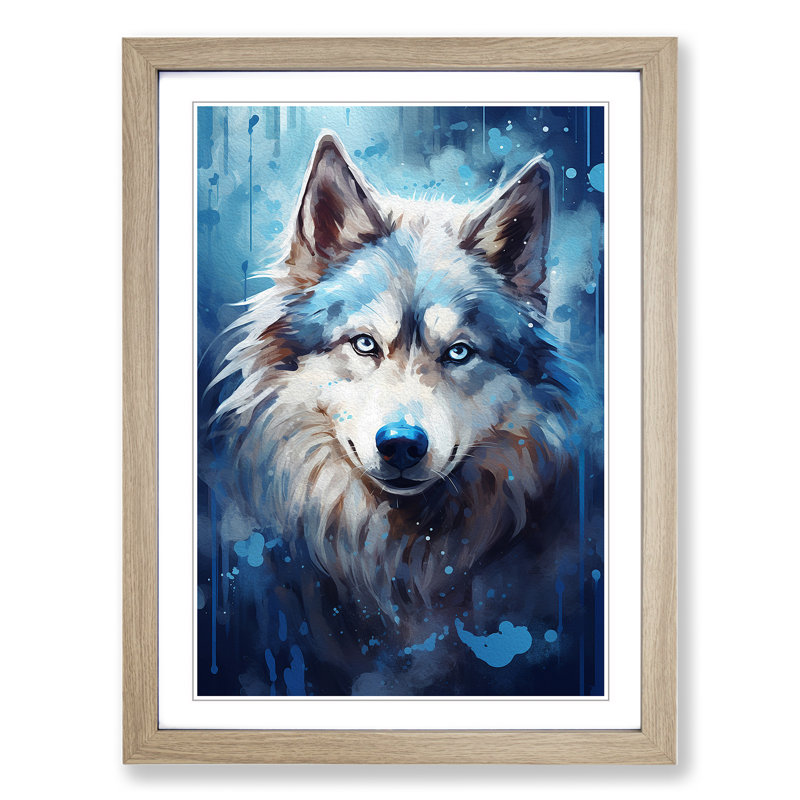 Husky Tachisme - Single Picture Frame Print on Wood, 46cm H x 34cm W x 2cm D, Oak 