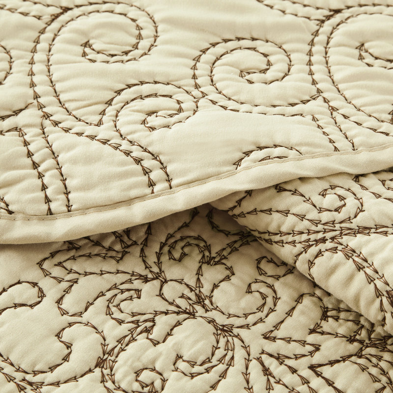 4 Piece Damask Oversized Embroidery Bedspread Set, King Quilt + 2 King Shams + Throw Pillow, Beige