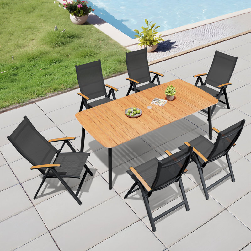 Ensemble de salle à manger rectangulaire pour patio pour 6 personnes avec trou pour parasol, structure en aluminium et fauteuils inclinables pliés L 81,5 po x l 38 po