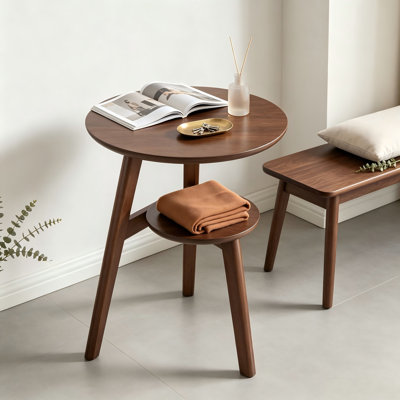 100% Solid Wood Round 2-Tier Storage End Table, Multi-Purpose Sofa Side Table