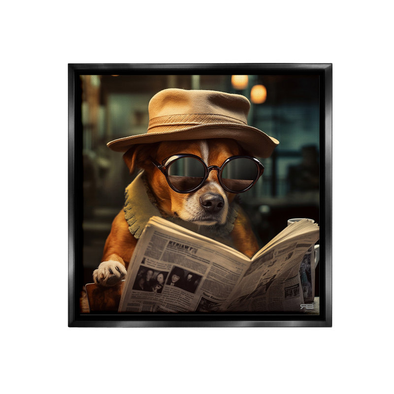 " Dog Reading Newspaper " by RB, 25" H x 25" W, Jet Black Floater Frame