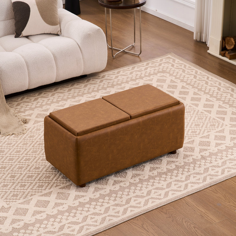 Repose-pieds rectangulaire avec rangement de 35 po avec plateau, table basse avec rangement, grand tabouret rembourré avec plateau amovible pour le salon