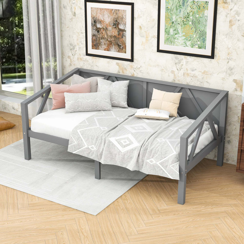 Lit de jour en bois avec pieds centraux et rangement sous le lit, Gris, Lit simple