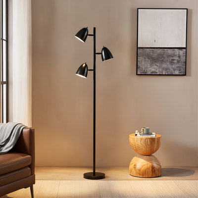 Lampe sur pied moderne à DEL réglable 3 lumières Jacob avec finition noire et abat-jour coniques en métal de 64 po Jacob, ampoules incluses