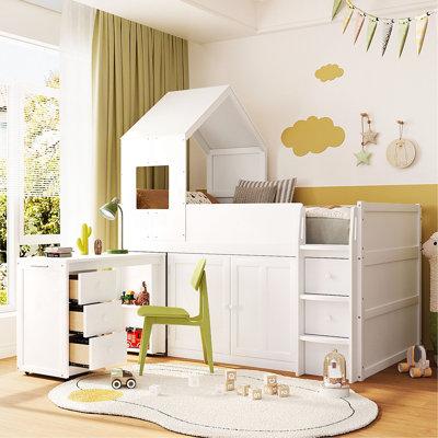 Lit mezzanine simple en bois avec bureau, tiroirs, armoires