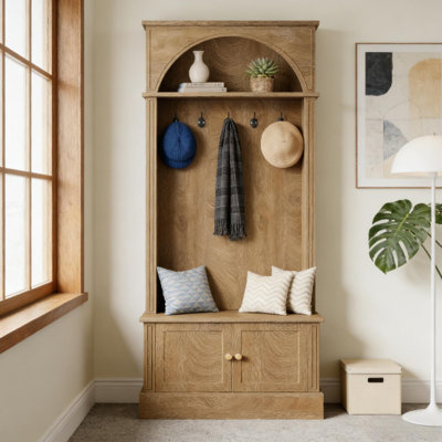 Porte-manteau d'entrée avec rangement pour chaussures, en panneaux de particules, monobloc, 4 en 1, bicolore, plateau arqué, 5 crochets de rangement