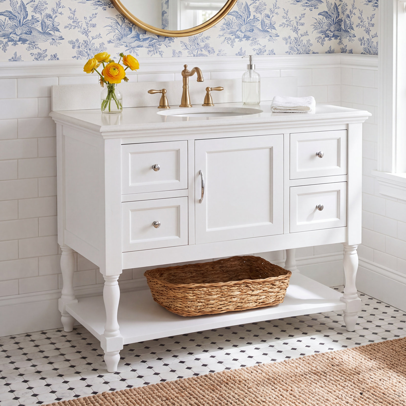 42 " Pine Single Bathroom Vanity, White, Quartz