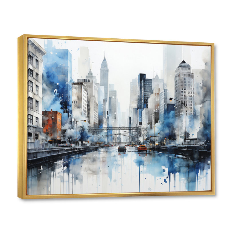 Gris, bleu, minimalisme, euphorie urbaine I - art mural minimalisme, Cadre flottant doré, H 12 po x l 20 po x P 1 po