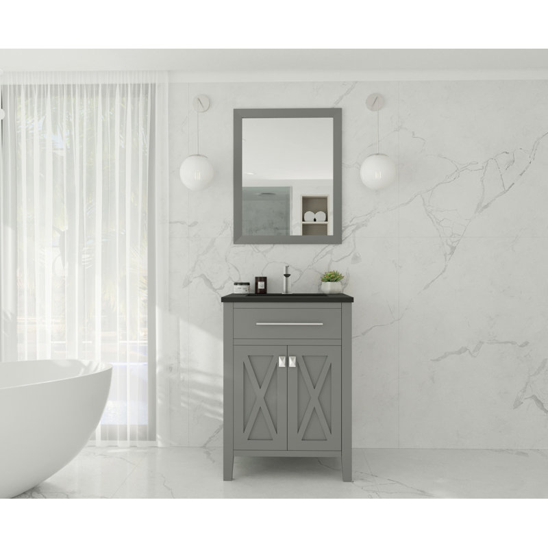 Vitiello 24'' Single Bathroom Vanity with Solid Surface Top, Black Wood, Gray