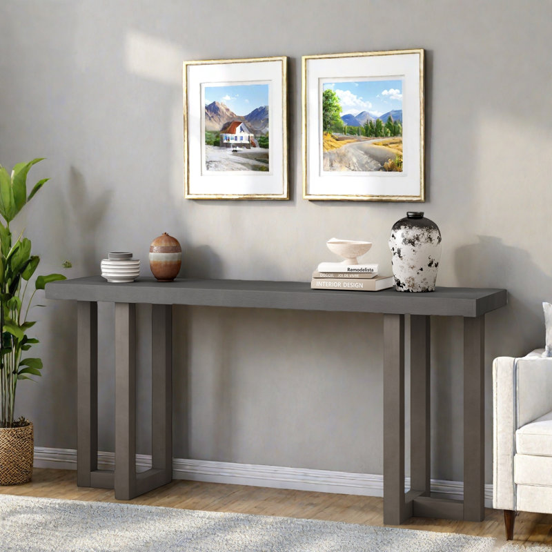 Console moderne avec motif géométrique et pieds en bois, Gris, Gris