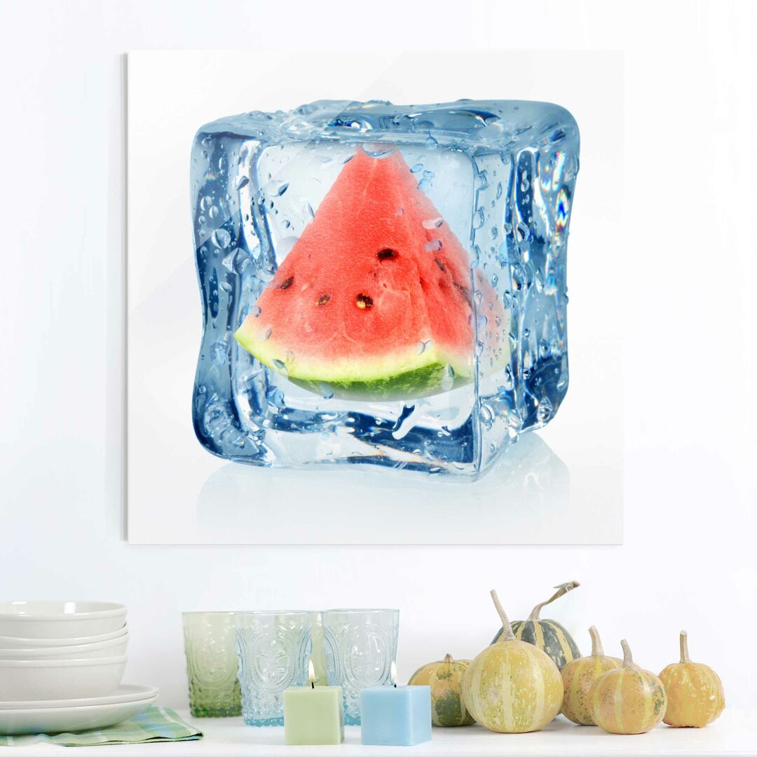 Glasbild Melone im Eiswürfel