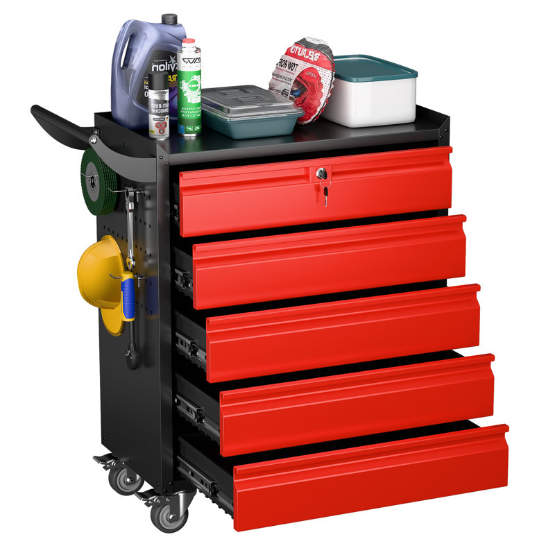 Metal Rolling Tool Chest with 5 Drawers and 4 Hooks, Tool Storage Cabinet with Lockable Wheels and Pushing Hands For Warehouse, Garage, Assembly Required, Black&Red