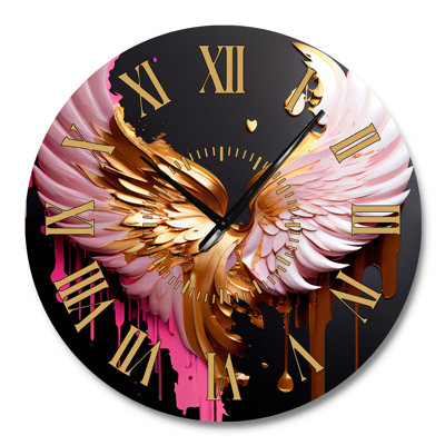 Pink,Gold And Black Angel Wings I - Contemporary Glam Golden Face Wall Clock