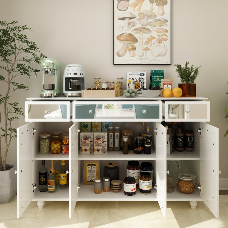 Amiee 55.1'' Wide 3 Drawer Mirrored Door Sideboard, White