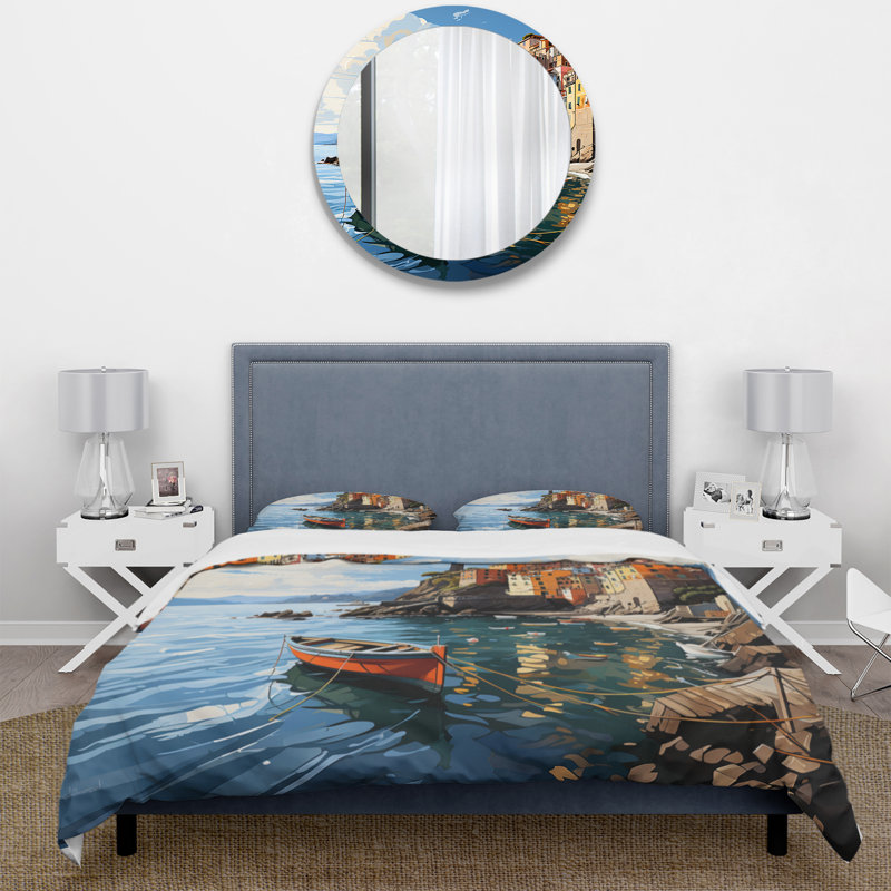 Beige Italy Cinque Terre I - Italy Duvet Cover Set - Microfiber Polyester, Queen Duvet Cover + 2 Standard Shams