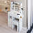 29.2" Small Size Left Drawer Desktop Vanity Table   Cushioned Stool, 2 AC 2 USB Power Station, Hair Dryer Bracket, Extra Large Touch Control Sliding LED Mirror, Tri-Color Switching, Brightness Adjust