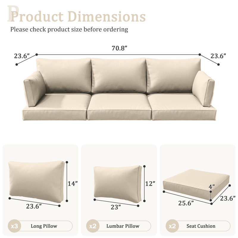 Outdoor 4" Thick Replacement Cushion Set Seat/Back Cushion (Set Of 3 Seats , 3 Backs , 2 Short Backs), Cream