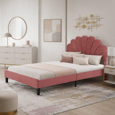 Upholstered Platform Bed with Flower Pattern Velvet Headboard