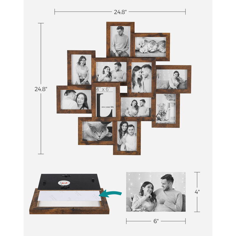 Cadres 4 po x 6 po, ensemble de 12 cadres photo pour décoration murale, façade en verre, assemblage requis, brun rustique