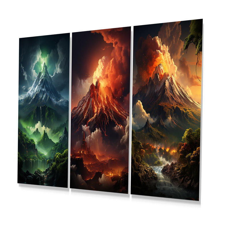 Volcano Volcanic Awakening - Volcano Metal Prints Set Of 3, 32" H x 48" W