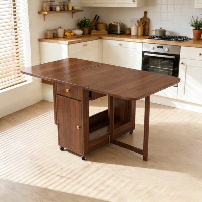 Small Drop Leaf Table - Folding Dining Table Set For 6, Fully Assembled Solid Wood Space-Saving Kitchen Table And Chairs Set With Storage & Lockable Wheels, Walnut, 59"