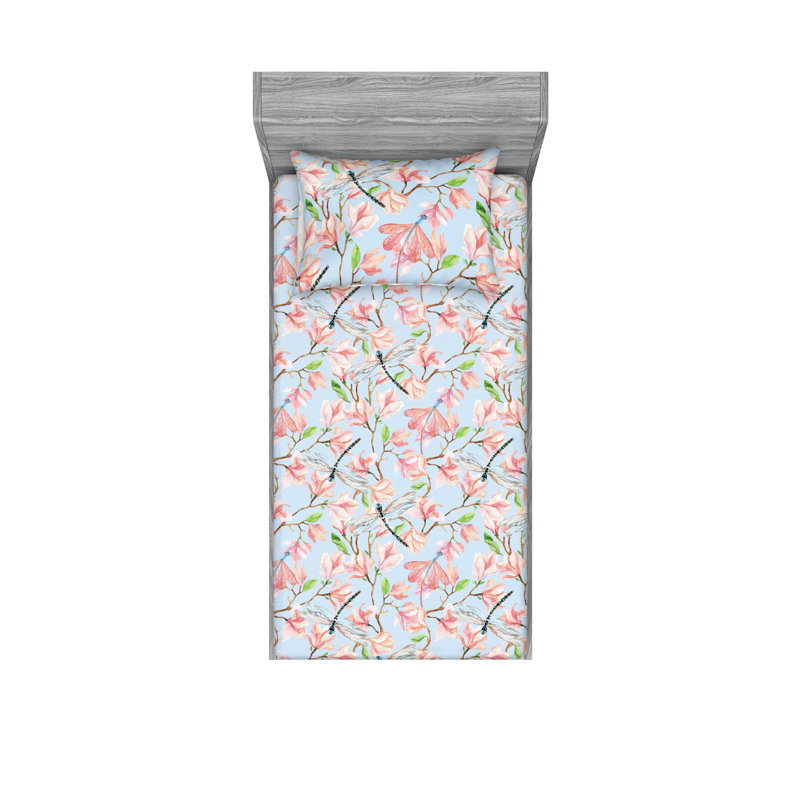 Drap-housse et taies décoratives 3 pièces Ambesonne, Bleu pâle, rose pâle, écru / floral