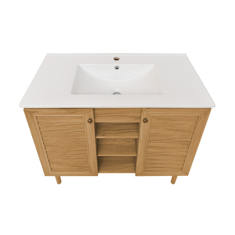 Meuble-lavabo autoportant 36 po Bron, Blanc, Chêne doré, Trou unique