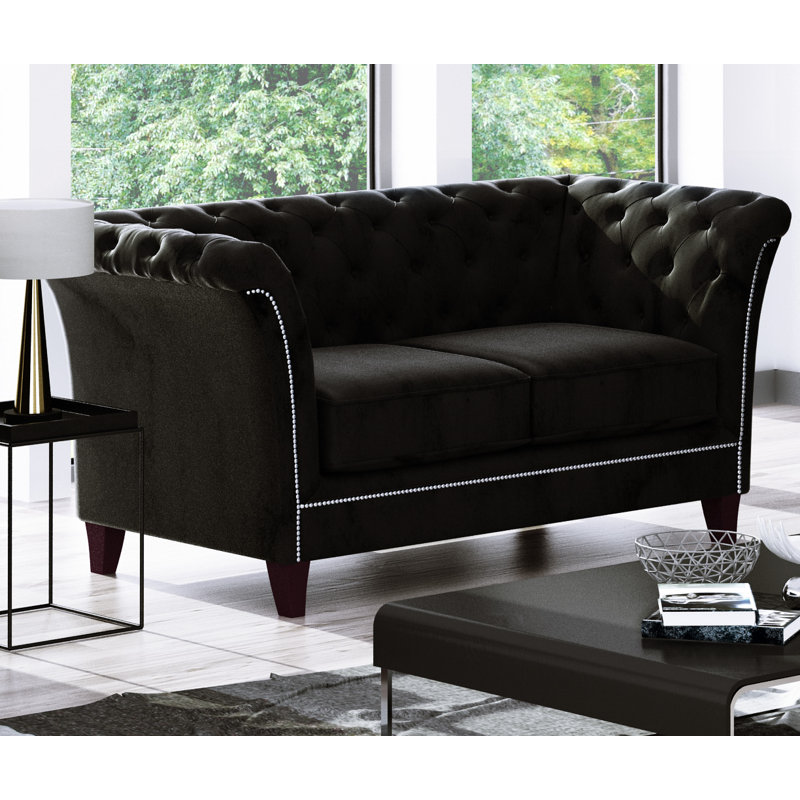 Chesterfield  Sofa 2 Seater Made of Velvet Fabric with Solid Wood Legs, Black