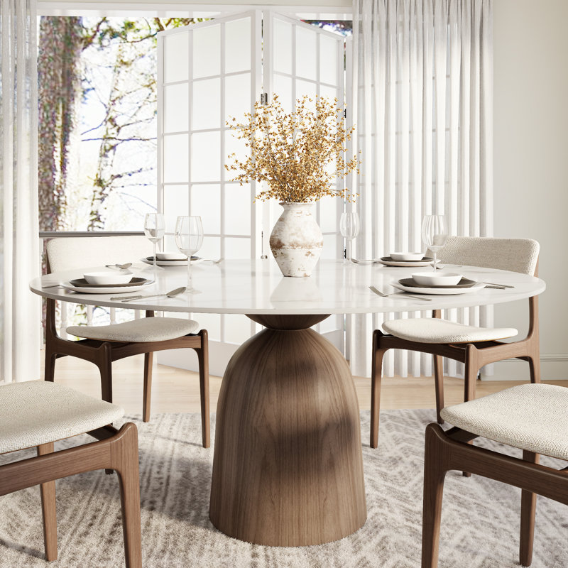 Amberly Luxurious Round Dining Table | Travertine & Stone Top With Solid Wood Base – Modern Design For Home & Entertaining