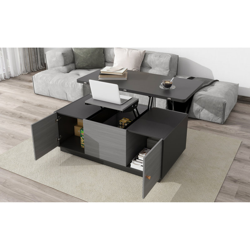 Modern Gray Multi-functional Rectangle Lift-top Coffee Table Extendable with Storage