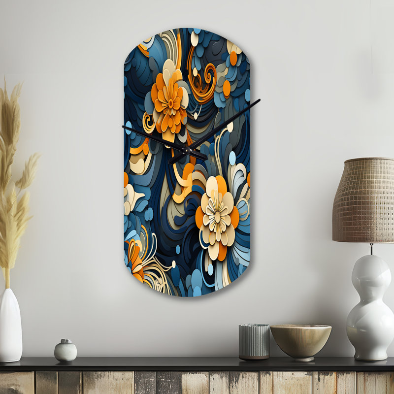 Horloge murale abstraite orange et bleue, impression florale orange et bleue, Petit