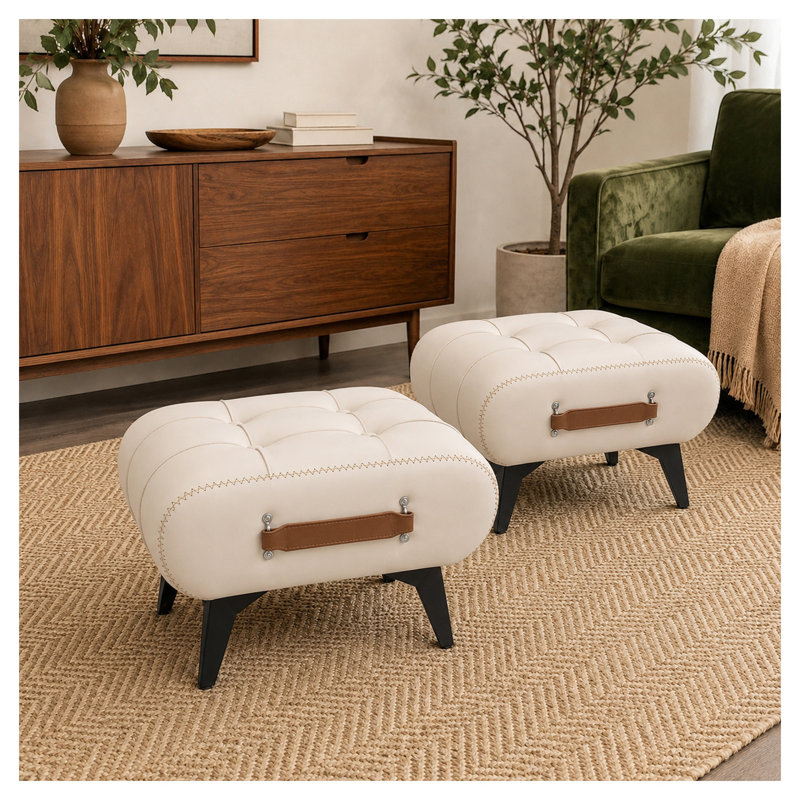 Pouf de rangement en similicuir blanc avec poignées - Repose-pieds rectangulaire pour salon, entrée et chambre