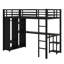 Lit mezzanine compact en métal avec garde-robe de rangement, bureau et tablettes de présentation