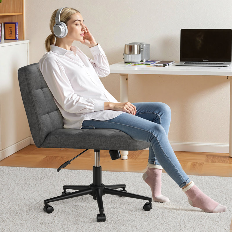 Swivel Criss Cross Legged Chair With Wheels, Armless Home Office Chair With Comfy Wide Cushion, Height Adjustable For Desk, Vanity, Bedroom, Linen, Gray