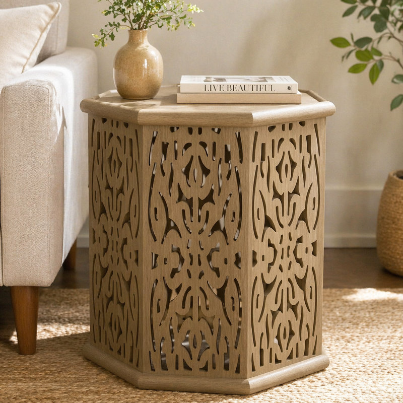 Watsonville Natural Brown Octagonal Solid Mango Wood Side Table
