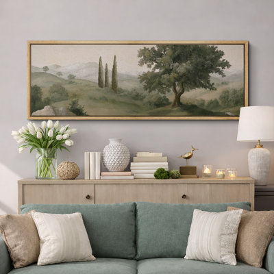 Tuscan Hills and Cypress Trees Large Framed Canvas Print Wall Art - Mediterranean Landscape Decor