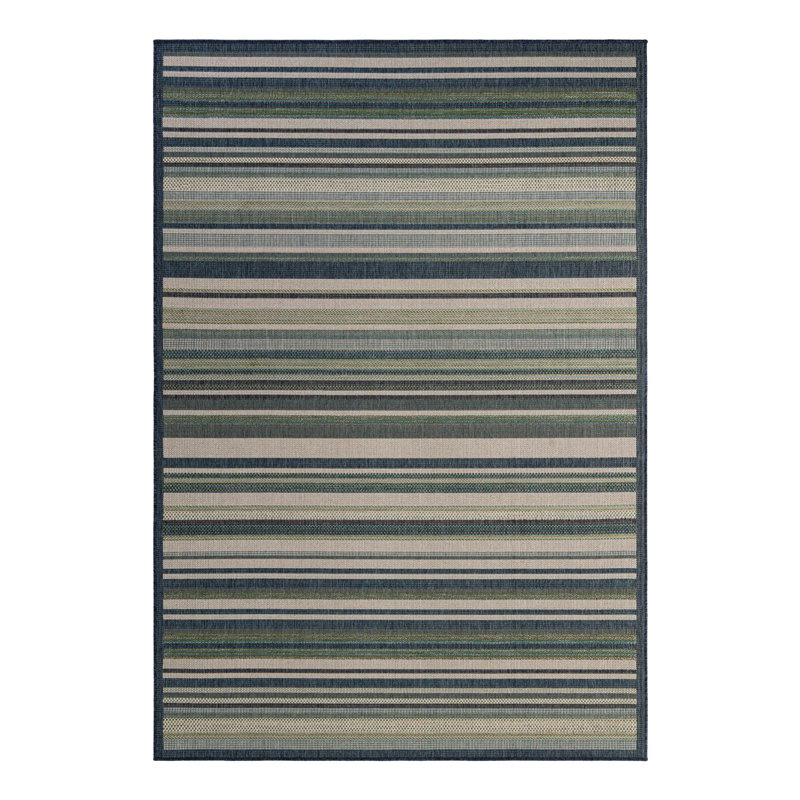 Tapis rayé vert / bleu intérieur / extérieur Tavon, Rectangle 7 pi 1 po x 10 pi