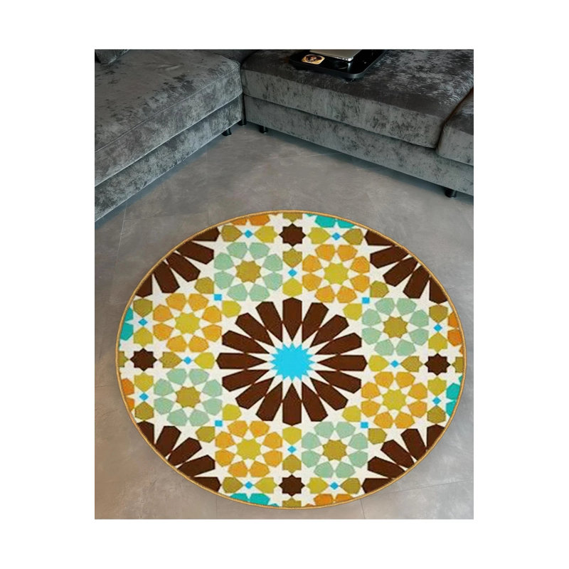 Fascinating Yellow Green Patterned Woven Base Decorative Carpet, Round 3'4"