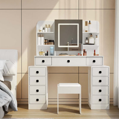 Bureau de coiffeuse de ferme avec miroir coulissant, lumières et station de charge, bureau de table de maquillage avec lumière DEL à intensité variable, table de maquillage de coiffeuse avec tabouret moelleux