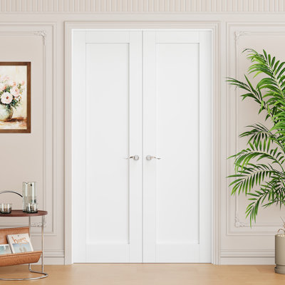 Interior 1-Panel Solid Core Door, CARB P2 Certified MDF Double French Doors, Includes Satin Nickel Hardware-Privacy Door Lever with Lock, Latch & Hinges, Pre‑Finished & Waterproof, Pantry, Bedroom, Bathroom & Closet, Easy DIY Stain, 36"x 80"