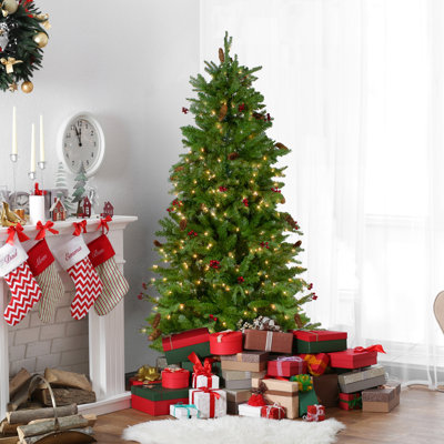 Arbre de Noël artificiel 7,5 pi avec lumières et baies mixtes pré-éclairées