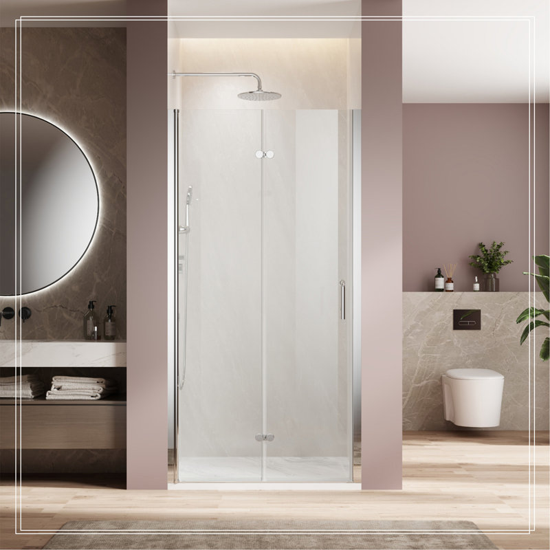 Porte de douche chromée à double panneau battant en verre pliable l 30 po x H 72 po, porte de douche réglable sans cadre avec verre trempé transparent de 1/4 po