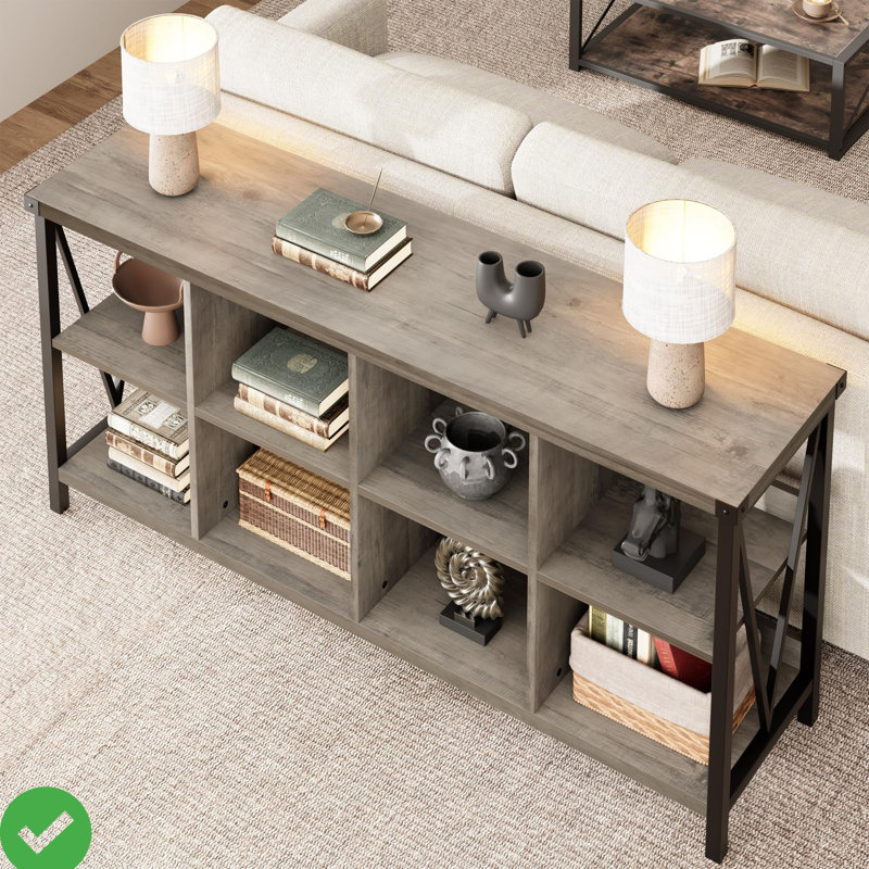 62" Industrial 8-Cube Storage Organizer with 3-Tier Metal Horizontal Bookcase – Long Low Console Shelf, Gray