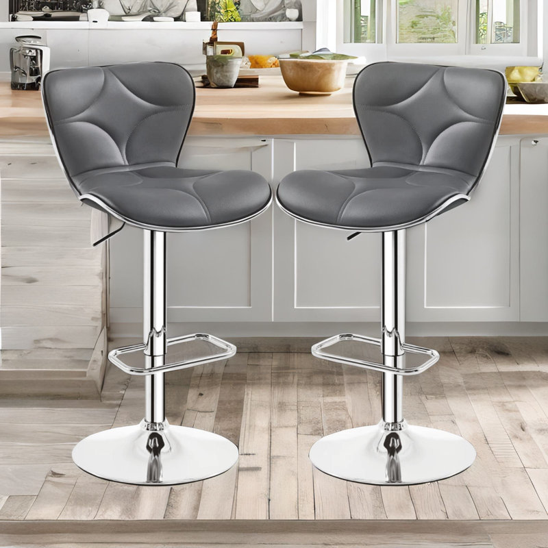 Akerra 2 Bar Stools Vegan Leather Swivel Adjustable Height Kitchen Furniture Barstool, Dark Gray